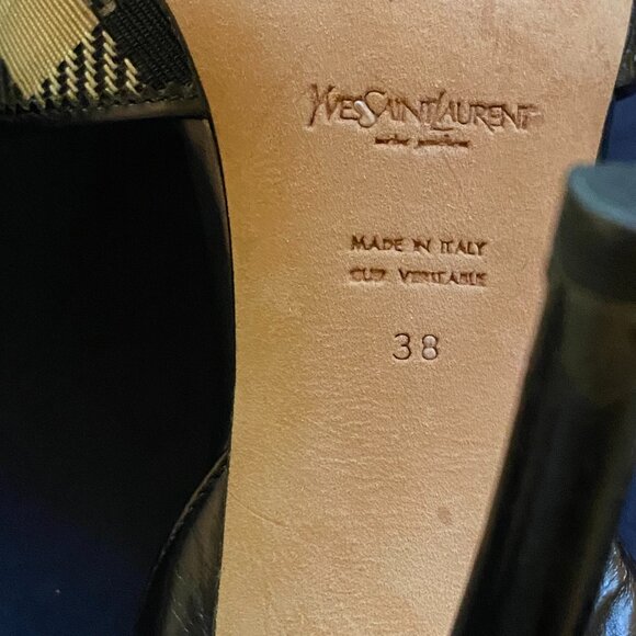 YSL Yves Saint Laurent Rive Gauche Plaid Leather Slingback Heels Peep Toe 38 - Picture 2 of 6